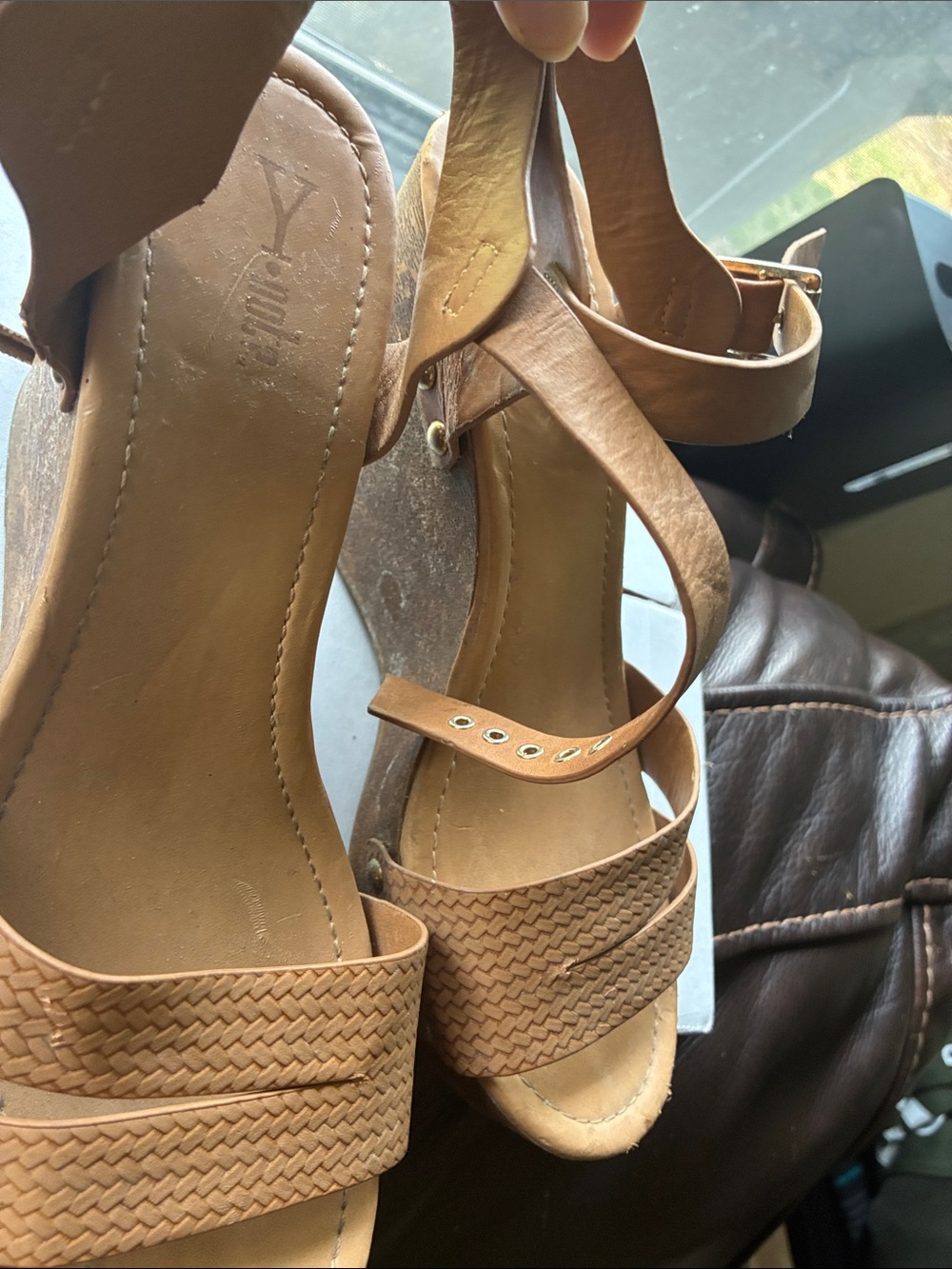 Tan Woven-Strap Ankle-Wrap Wedge Sandals